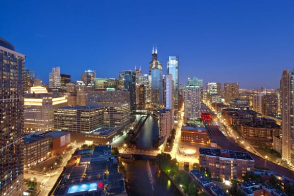 City View In Night at Kingsbury Plaza, Chicago, IL