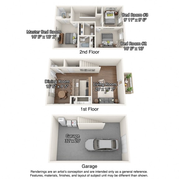 floorplan of 3 bedroom units with garages