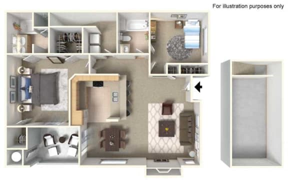 PLAN C + 1 Car Garage 2 bedroom 2 bathroom Floor plan at Milan Apartment Townhomes, Las Vegas, 89183