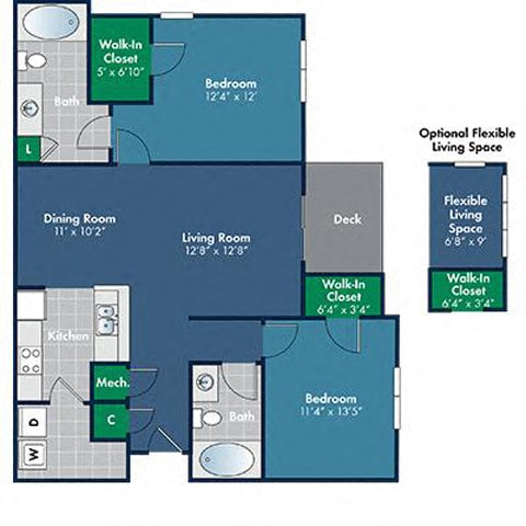 2 bedroom 2 bathroom 1068 Square-Foot Jura Floorplan at Abberly Place at White Oak Crossing, Garner, NC