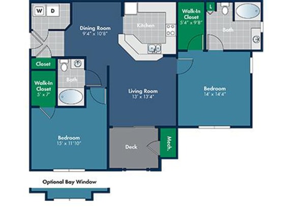 2 bedroom 2 bathroom 1147 Square-Foot Rochelle Floorplan at Abberly Place at White Oak Crossing by HHHunt, Garner, 27610