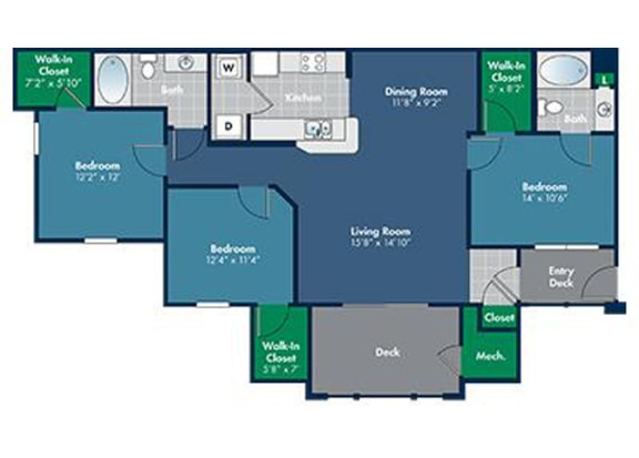3 bedroom 2 bathroom 1242 Square-Foot Tiburon Floorplan at Abberly Place at White Oak Crossing by HHHunt, North Carolina, 27610
