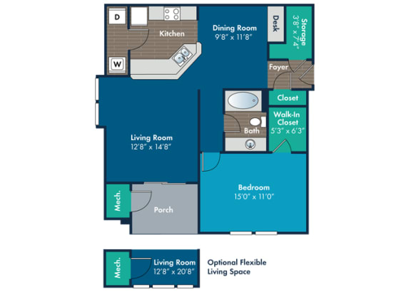 1 bedroom 1 bathroom Bennett Floor Plan at Abberly Crest Apartment Homes by HHHunt, Maryland, 20653
