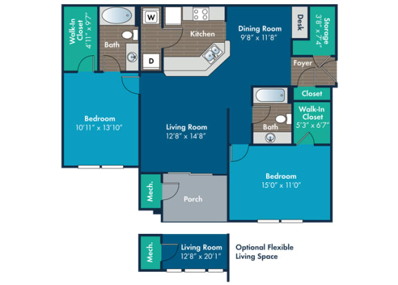2 bedroom 2 bathroom Cypress Floor Plan at Abberly Crest Apartment Homes by HHHunt, Lexington Park, Maryland