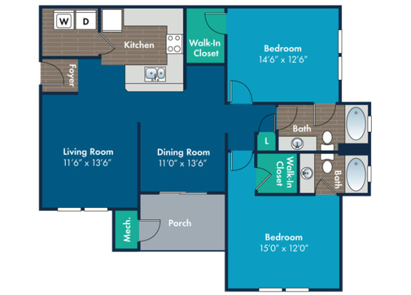 2 bedroom 2 bathroom Manokin Floor Plan at Abberly Crest Apartment Homes by HHHunt, Lexington Park, MD