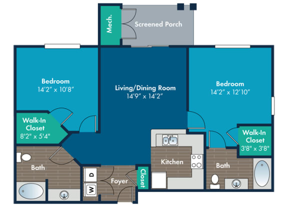 2 bedroom 2 bathroom Marley Floor Plan at Abberly Crest Apartment Homes by HHHunt, Lexington Park, 20653
