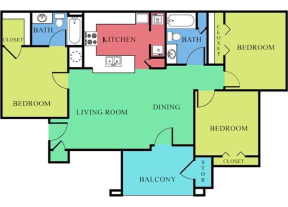 3 Bedroom 2 Bath 2D Floorplan-Waterbrook Apartments Lincoln, NE