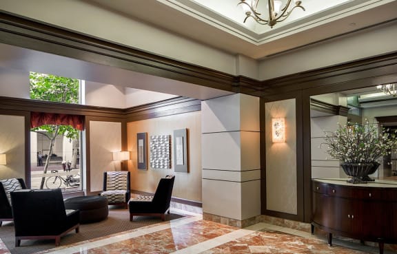 The elegant Lobby at The Metropolitan, newly renovated with comfortable seating and marble flooring in Maryland, 20814