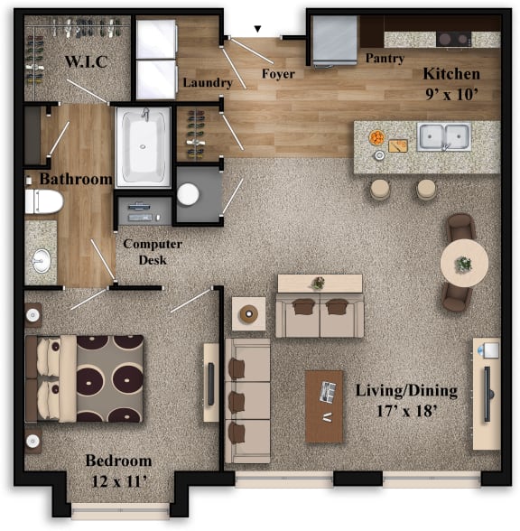 One bed One Bath Floor Plan at The Grandstone, Mason, 45040