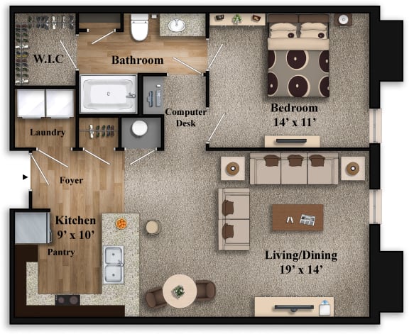 One Bedroom One Bathroom Floor Plan at The Grandstone, Mason, Ohio