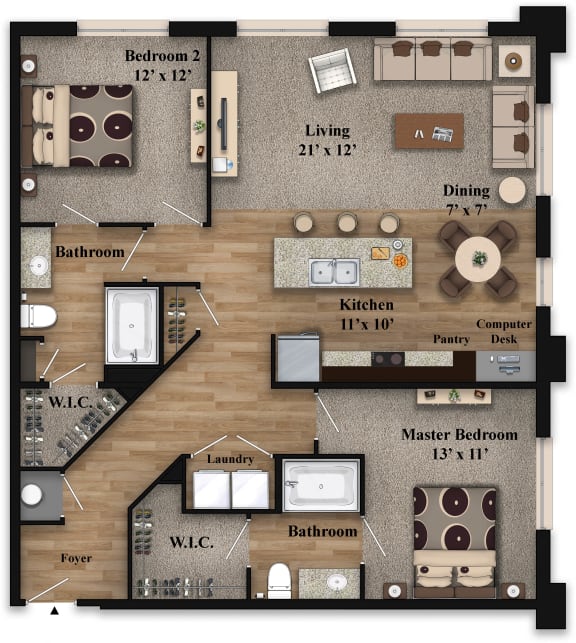 Two Bed Two Bath Floor Plan at The Grandstone, Ohio, 45040