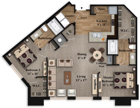 Two Bedroom Two Bath Floor Plan at The Grandstone, Mason, OH, 45040