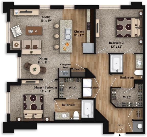 2 Bed 2 Bath Floor Plan at The Grandstone, Mason, 45040
