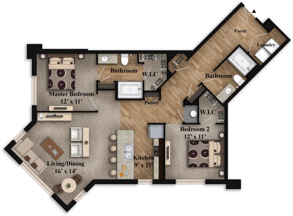 2 Bedroom Floor Plan at The Grandstone, Mason, Ohio