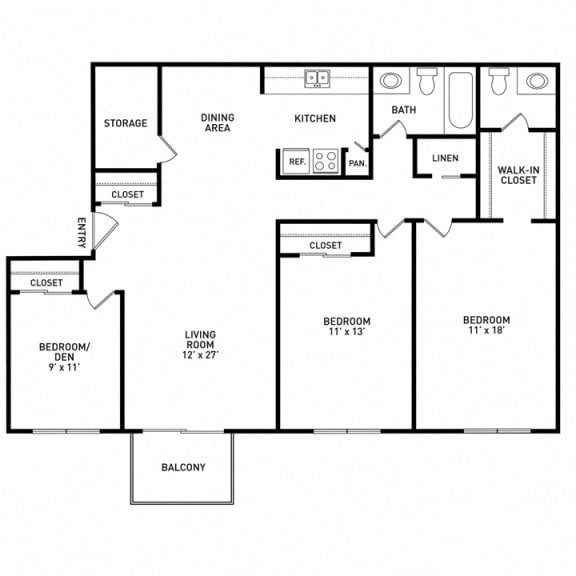 3 bedroom floor plan at Okemos Apartments | Knob Hill Apartments in Okemos, MI