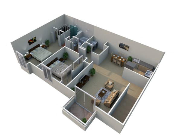 3D floor plan with two bedrooms and balcony at Pilgrim Village - Canton, MI Apartments, Canton, Michigan