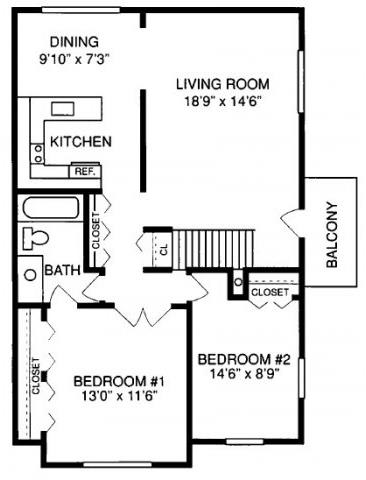 E 2 Bed 1 Bath Floorplan at Pilgrim Village - Canton, MI