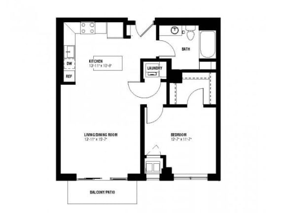 Harmony Floor Plan (1 beds, 1 baths, 703 sq.ft, rent $1,645-$1,675/month)