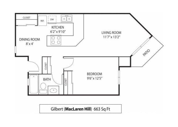 Floor Plan  1 Bedroom 1 Bathroom 663 Sq. Ft. | Gilbert Floor Plan at MacLaren Hill Apartments in St. Paul, MN