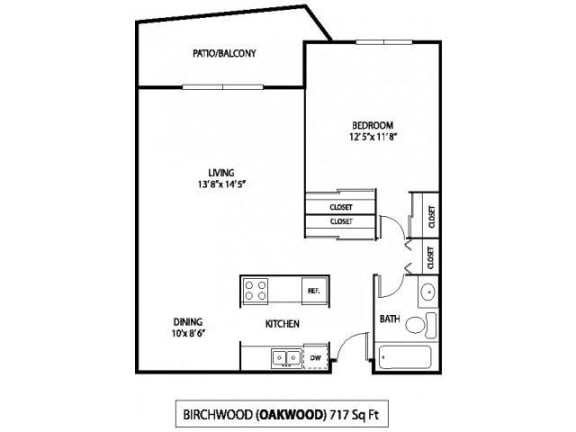 1 Bedroom 1 Bath 717 Sq. Ft. |  Birchwood Floor Plan at Oakwood Apartments in Plymouth, MN