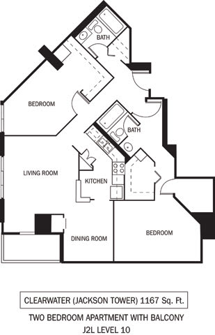 Clearwater Floor Plan Galtier Towers Apartments in Lowertown, St. Paul, MN 2 Bedroom 2 Bath Apartment