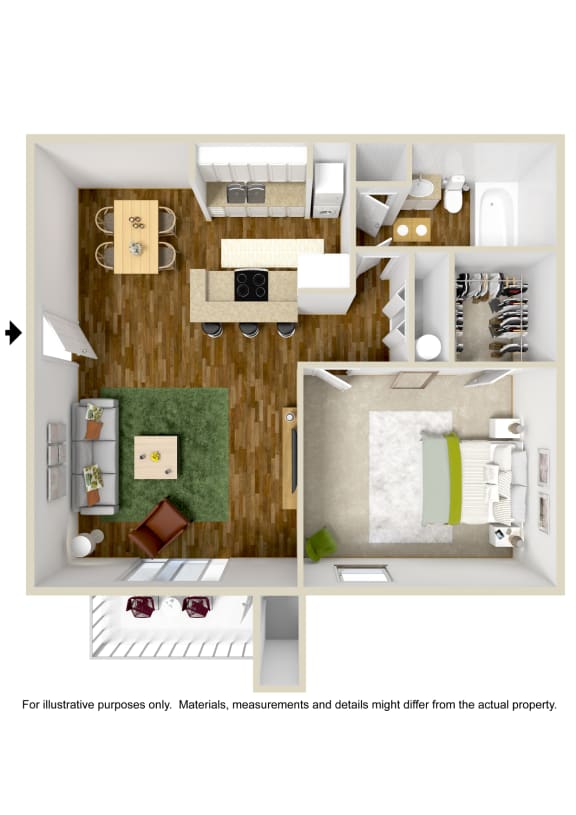 1 Bedroom 1 Bath Floor Plan at The Grove  Apartments at Lyndon, Kentucky