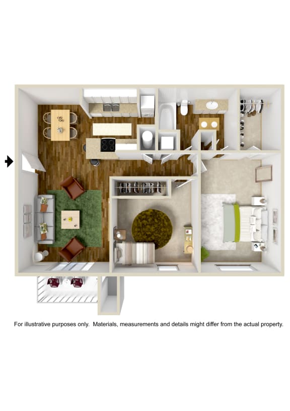 2 Bedroom 1 Bath Floor Plan at The Grove  Apartments at Lyndon, Kentucky, 40222