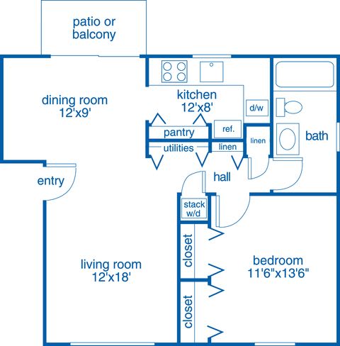 1 Bedroom E 1 Bath Floor Plan at Merrick Place, Lexington, KY, 40502