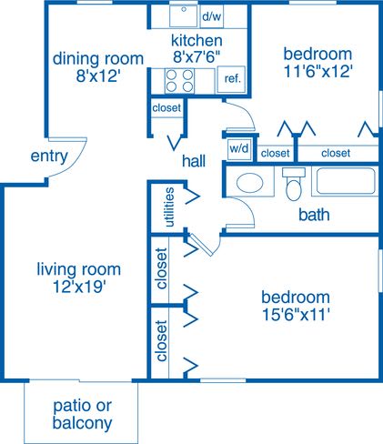 2 Bedrooms B and 1 Bathroom Floor Plans at Merrick Place, Lexington, 40502