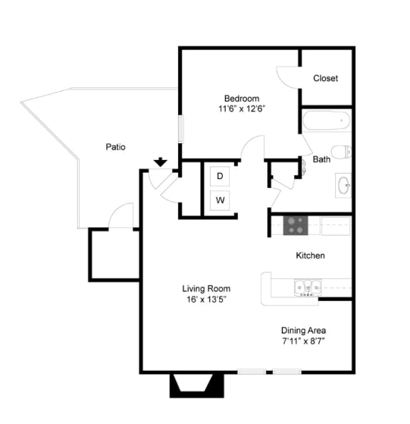 The Litchfield 1 bedroom 1 bathroom AFloor Plan at Palmetto Place Apartments, Taylors, SC, 29687