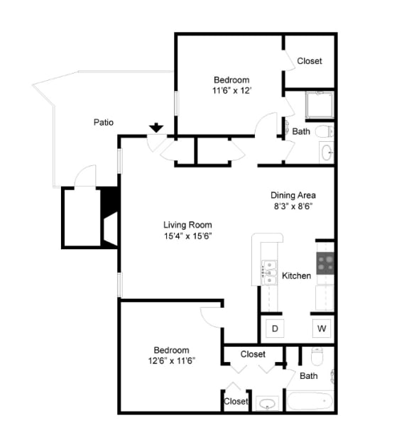 The Charleston 2 bedroom 2 bathroom A Floor Plan at Palmetto Place Apartments, Taylors, 29687