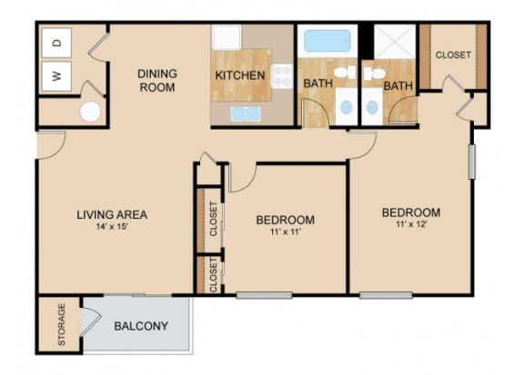2 Bedroom  2 Bath Floor Plan, at Tiburon View Apartments, Omaha, NE 68136