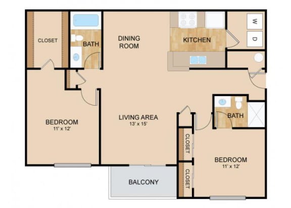 2 Bedroom  2 Bath Floor Plan, at Tiburon View Apartments, 16895 Oakmont Dr, NE 68136