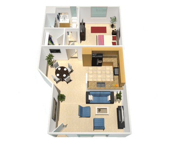 a one-bedroom floor plan rendering at Toscana Apartments, Van Nuys, CA