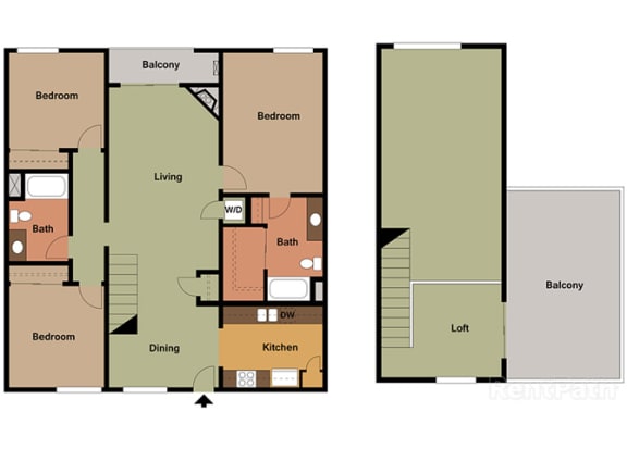 3 Bed - 2 Bath Marbella Loft Floor Plan at Le Blanc Apartment Homes, Canoga Park, California