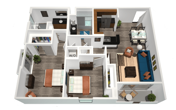 a 3d rendering of the first floor of a two bedroom apartment at Legacy Apartments, Northridge California