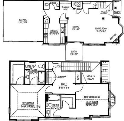 A floor plan of a two-story house with a garage, living room, dining room, kitchen, and multiple bathrooms.