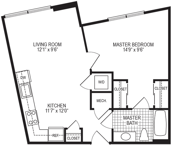 558 Square-Feet Alloy 1 Bedroom Floorplan at Fahrenheit Apartments, Washington, DC, 20011
