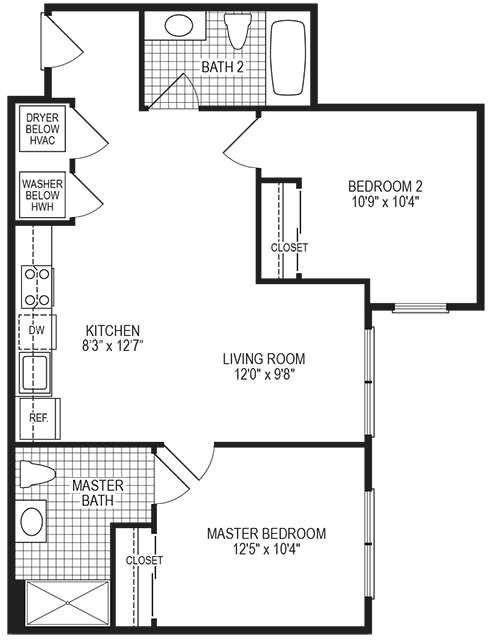 771 Square-Feet Celcius 2 Bedroom Floorplan at Fahrenheit Apartments, Washington, Washington
