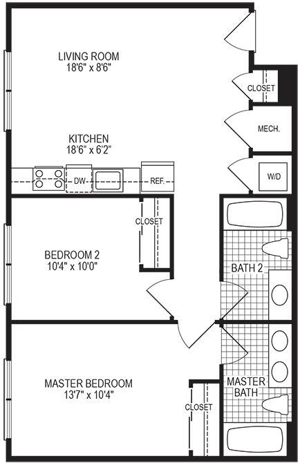 762 Square-Feet Degree 2 Bedroom Floorplan at Fahrenheit Apartments, Washington, 20011