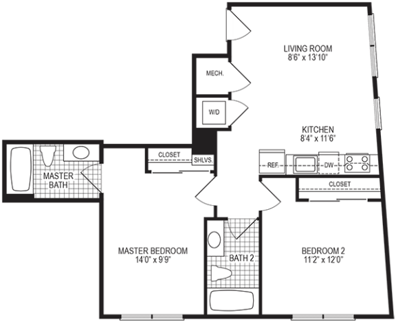 Floor Plan  742 Square-Feet Spark 2 Bedroom Floorplan at Fahrenheit Apartments, Washington, DC