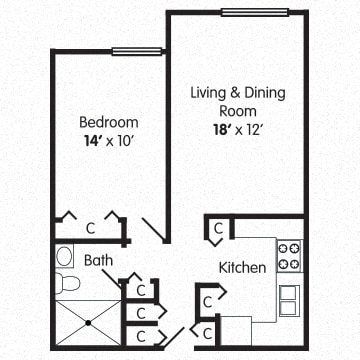  Floor Plan 1 Bedroom Apartment Modified for Mobility Impaired