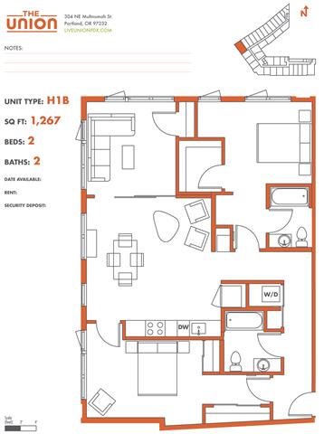 The Union Portland OR 2 Bedroom Sq Ft 1234 Unit H1B-2