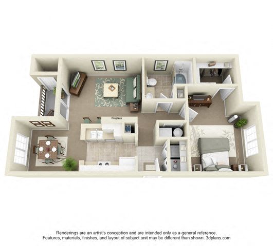 Wasatch One Bedroom One Bathroom Floor Plan 3D Image