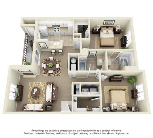 Cascade Two Bedroom Two Bathroom Floor Plan 3D Image