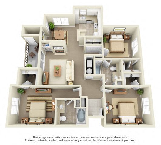 Cache Three Bedroom Two Bathroom Floor Plan 3D Image