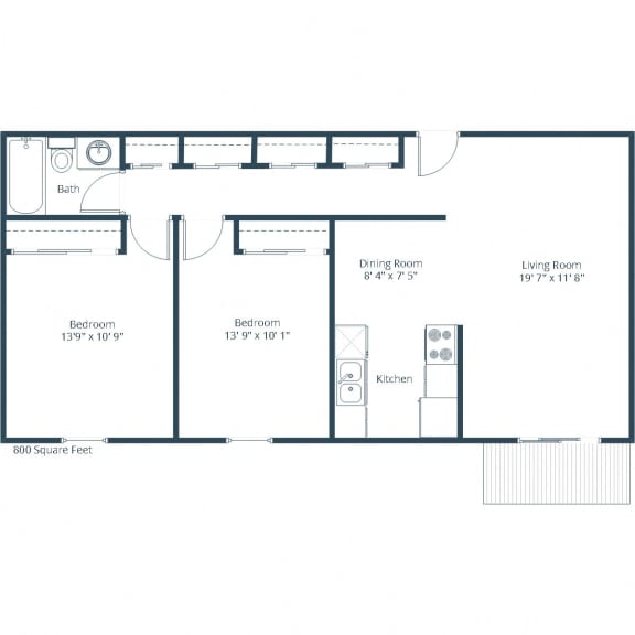 Floor Plan  800 Square-Feet Two Bedroom Floor Plan 21B at Georgetown on the River Apartments, Fridley, MN, 55432