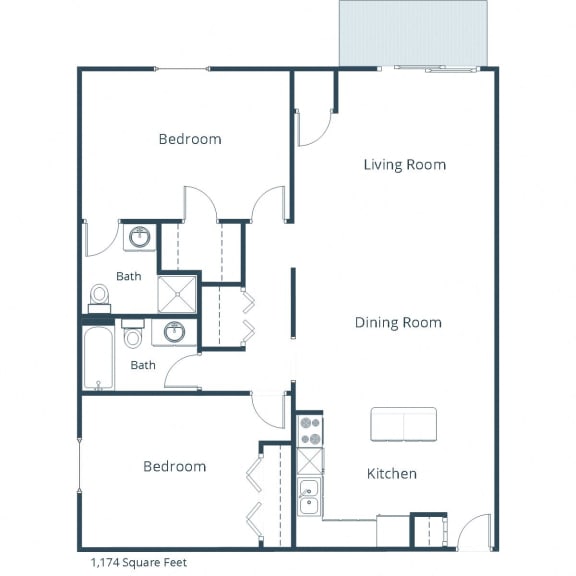 1174 Square-Feet Two Bedroom Two Bath Floor Plan 22A at Georgetown on the River Apartments, Minnesota, 55432