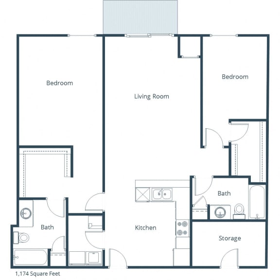1174 SF Two Bedroom Two Bath Floor Plan 22B at Georgetown on the River Apartments, Minnesota, 55432