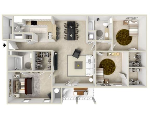 Three Bedroom, Two Bathroom Floor Plan at Reserve at Park Place Apartment Homes, Hattiesburg, MS